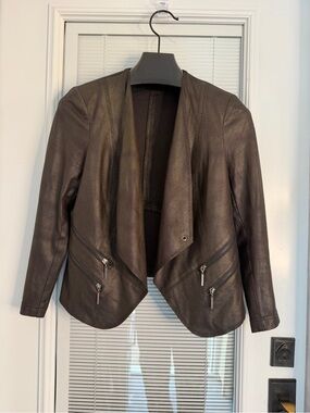 VEX Collection Brown Vegan Pebbled Leather Drape Front Jacket Sz 44 Like New